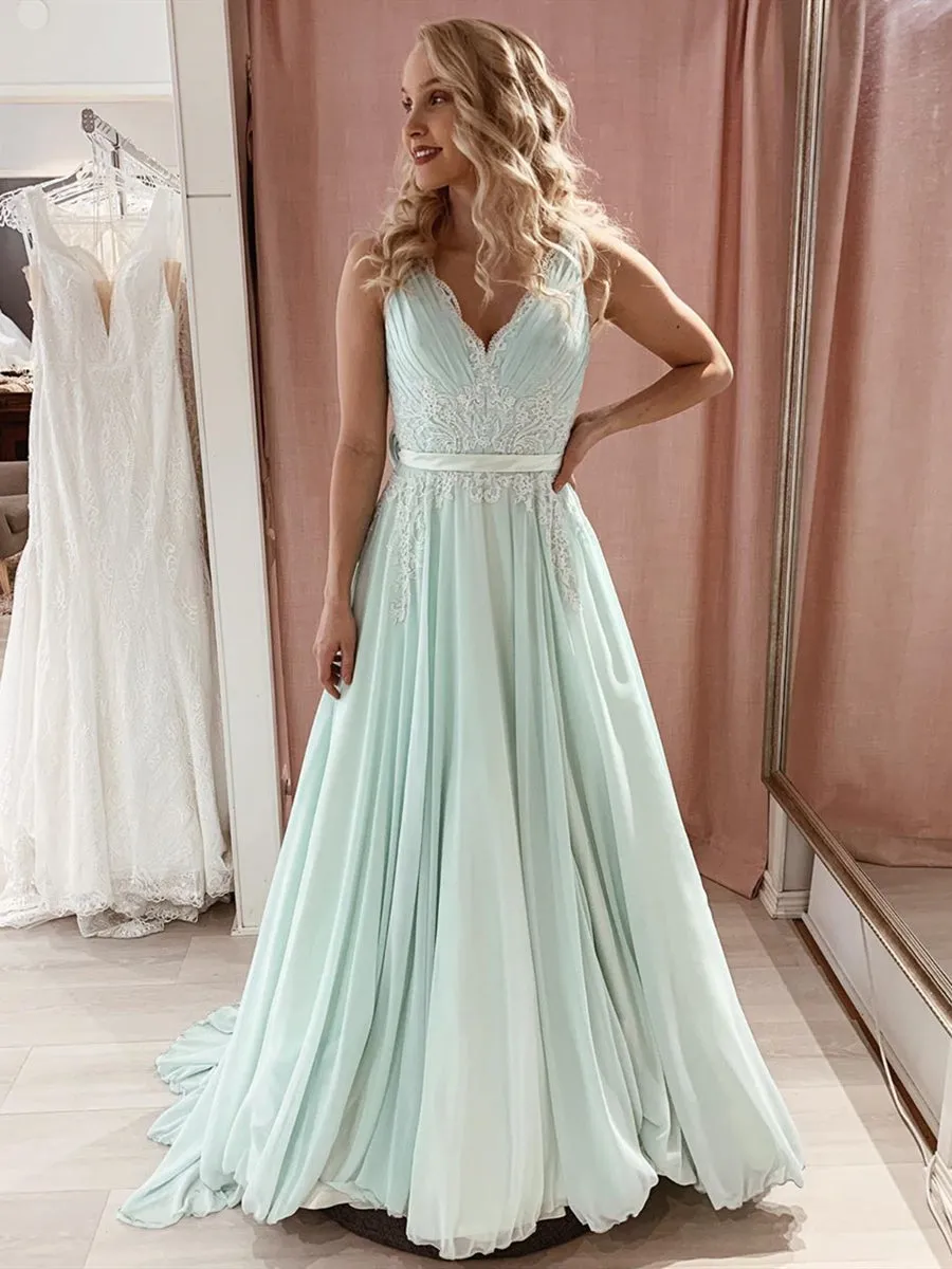 A Line V Neck Long Mint Green Lace Prom, Mint Green Lace Formal Graduation Evening