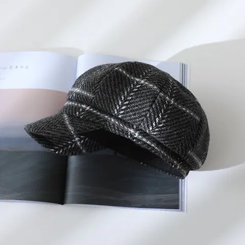 Autumn and Winter Women's Plaid Vintage Style Duck Tongue Hat Octagon Painter's Hat