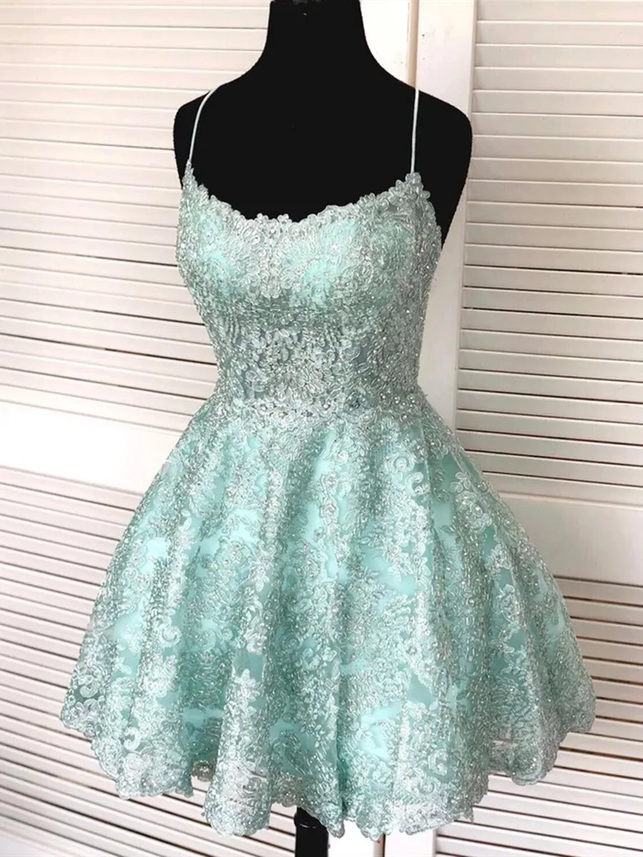 Backless Short Mint Green Lace Prom with Straps, Mint Green Lace Formal Graduation Homecoming