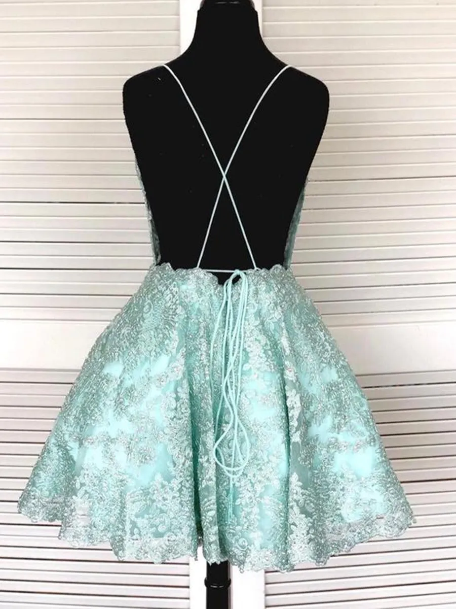 Backless Short Mint Green Lace Prom with Straps, Mint Green Lace Formal Graduation Homecoming