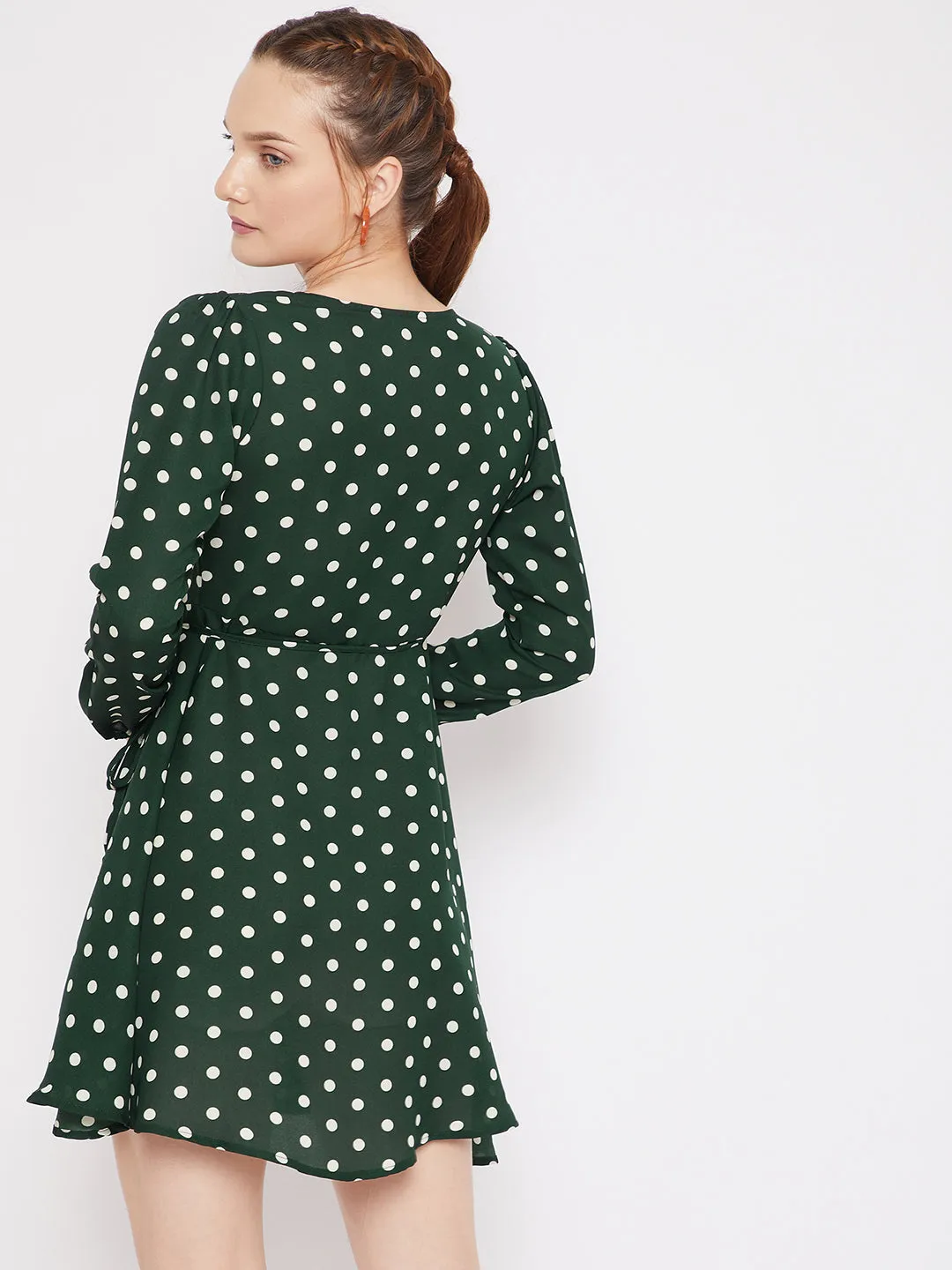 Berrylush Women Green Polka Dot Printed V-Neck Waist Tie-Up Fit & Flare Wrap Mini Dress