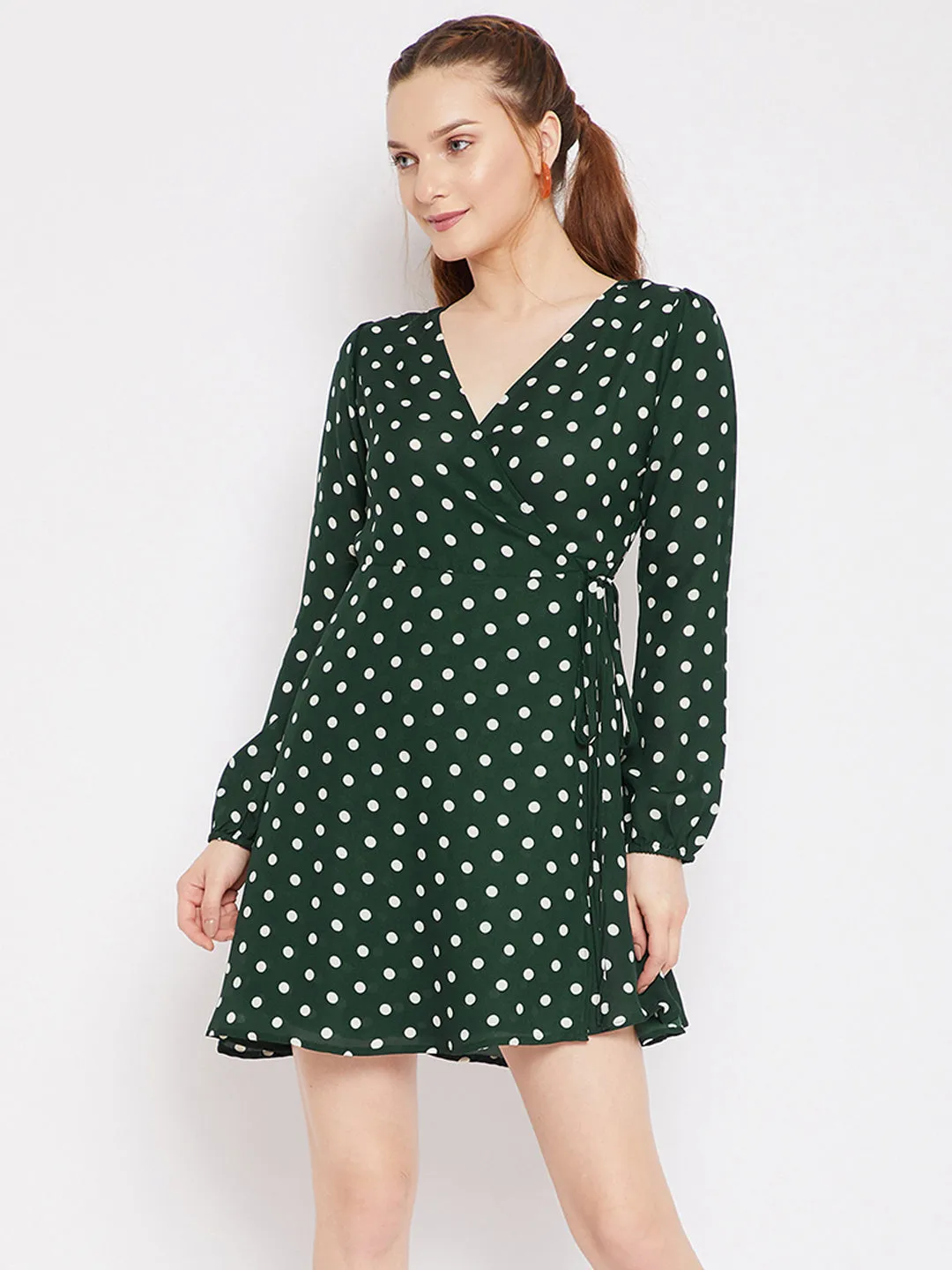 Berrylush Women Green Polka Dot Printed V-Neck Waist Tie-Up Fit & Flare Wrap Mini Dress