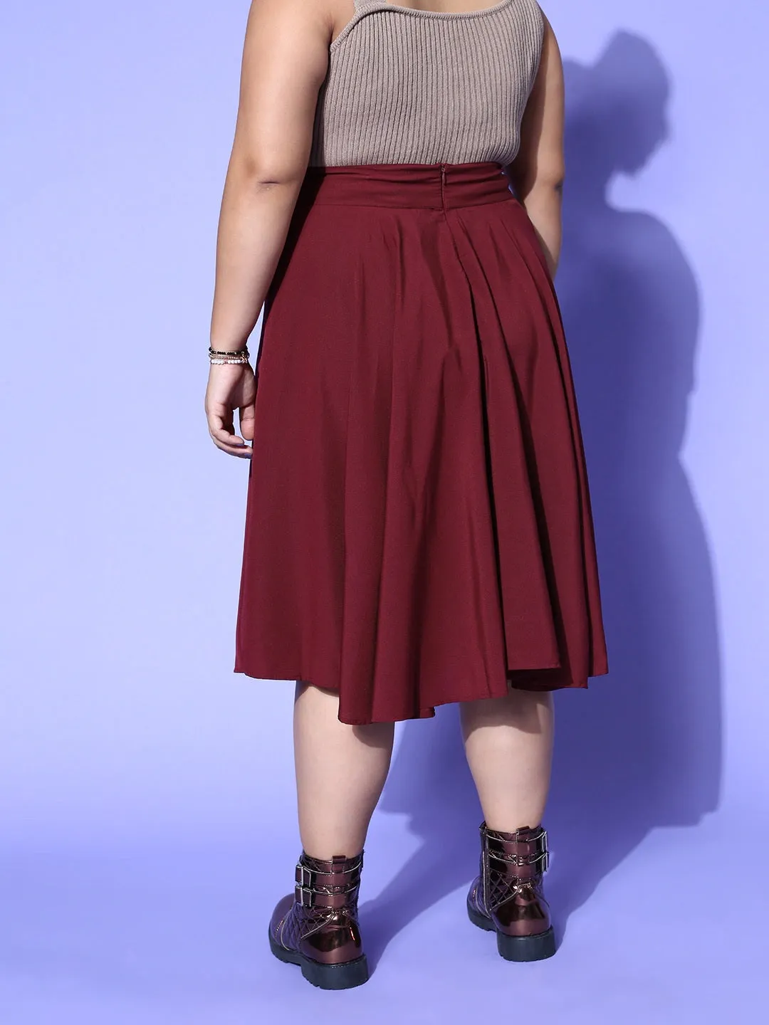 Berrylush Women Plus Size Solid Maroon Asymmetric Hem A-Line Midi Skirt