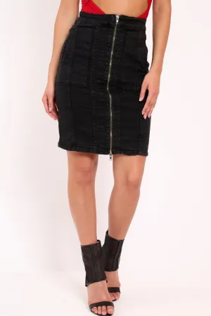 Black Denim Zip Front Long Line Skirt - Lorali