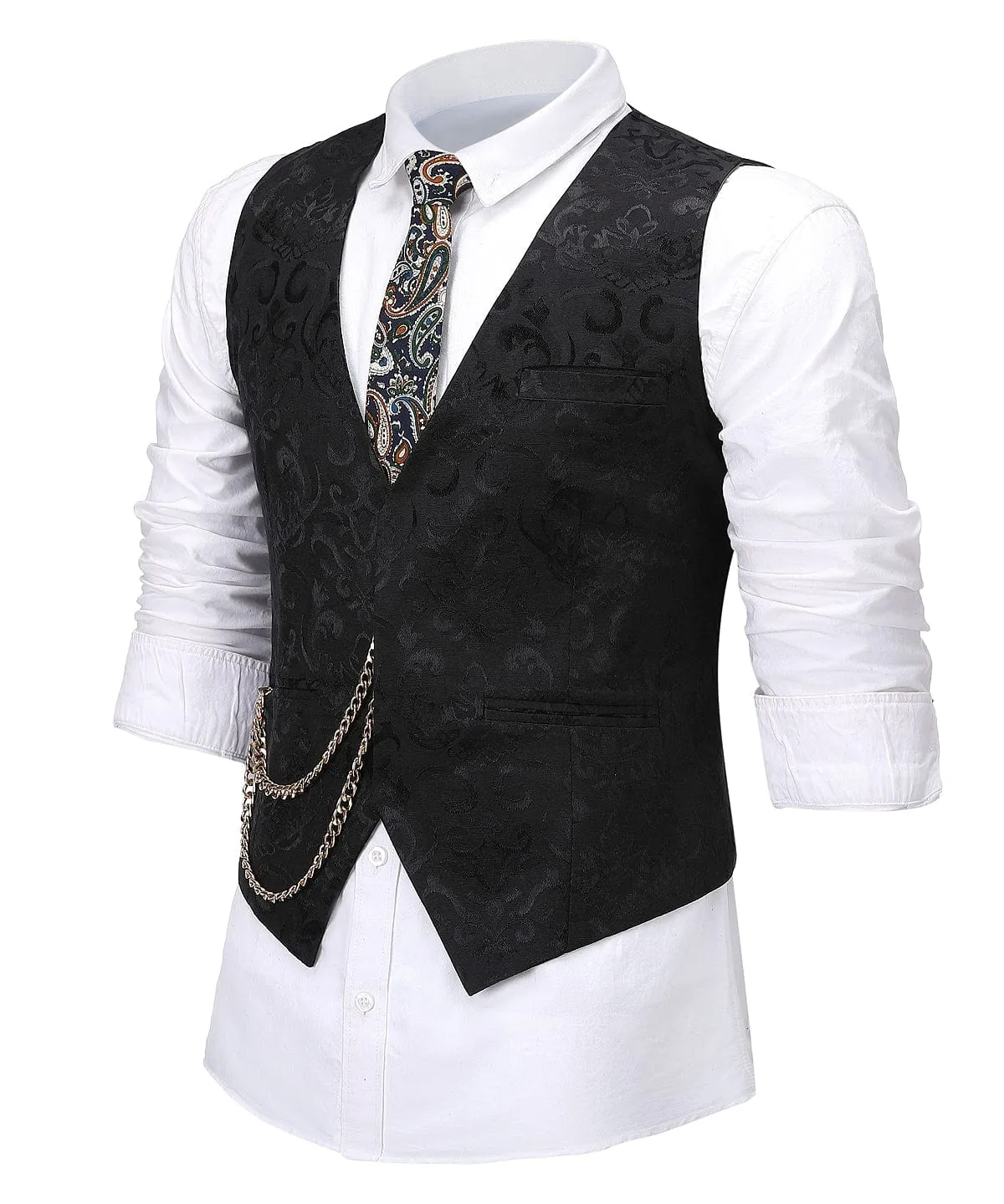 Black Formal Patterned V Neck Waistcoat