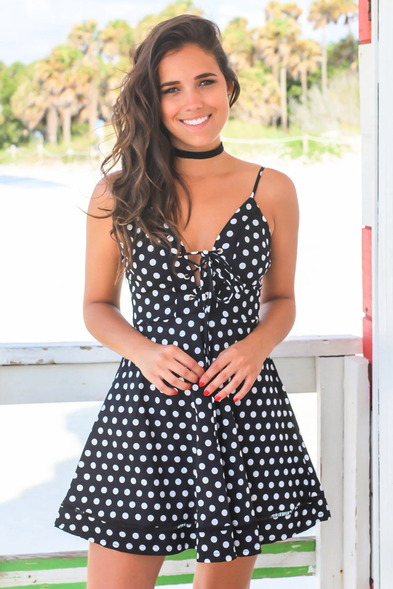 Black Polka Dot Short Dress with Lace Up Detail