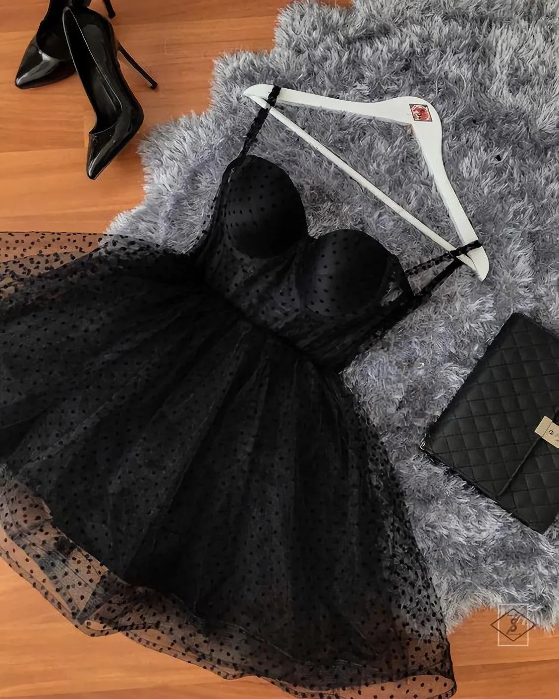 Black Polka Dot Tulle Strapless Corset Short Dress Homecoming Dress