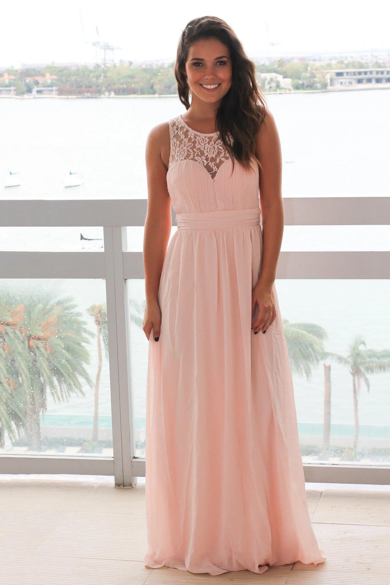 Blush Maxi Dress with Pleated Lace Top