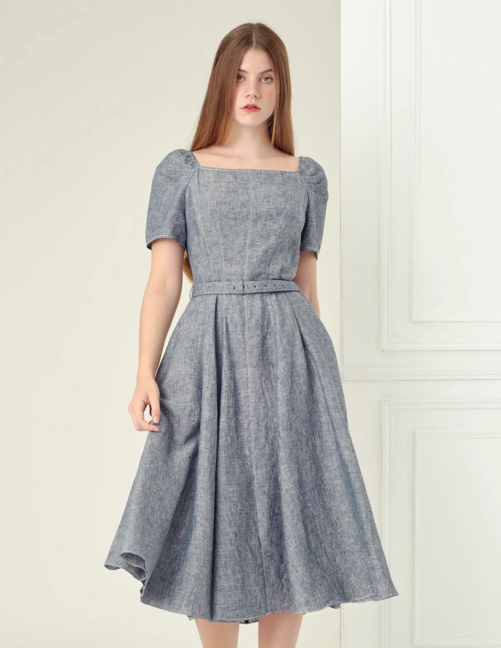 BORA AKSU Square Collar Light Gray A-Line Skirt