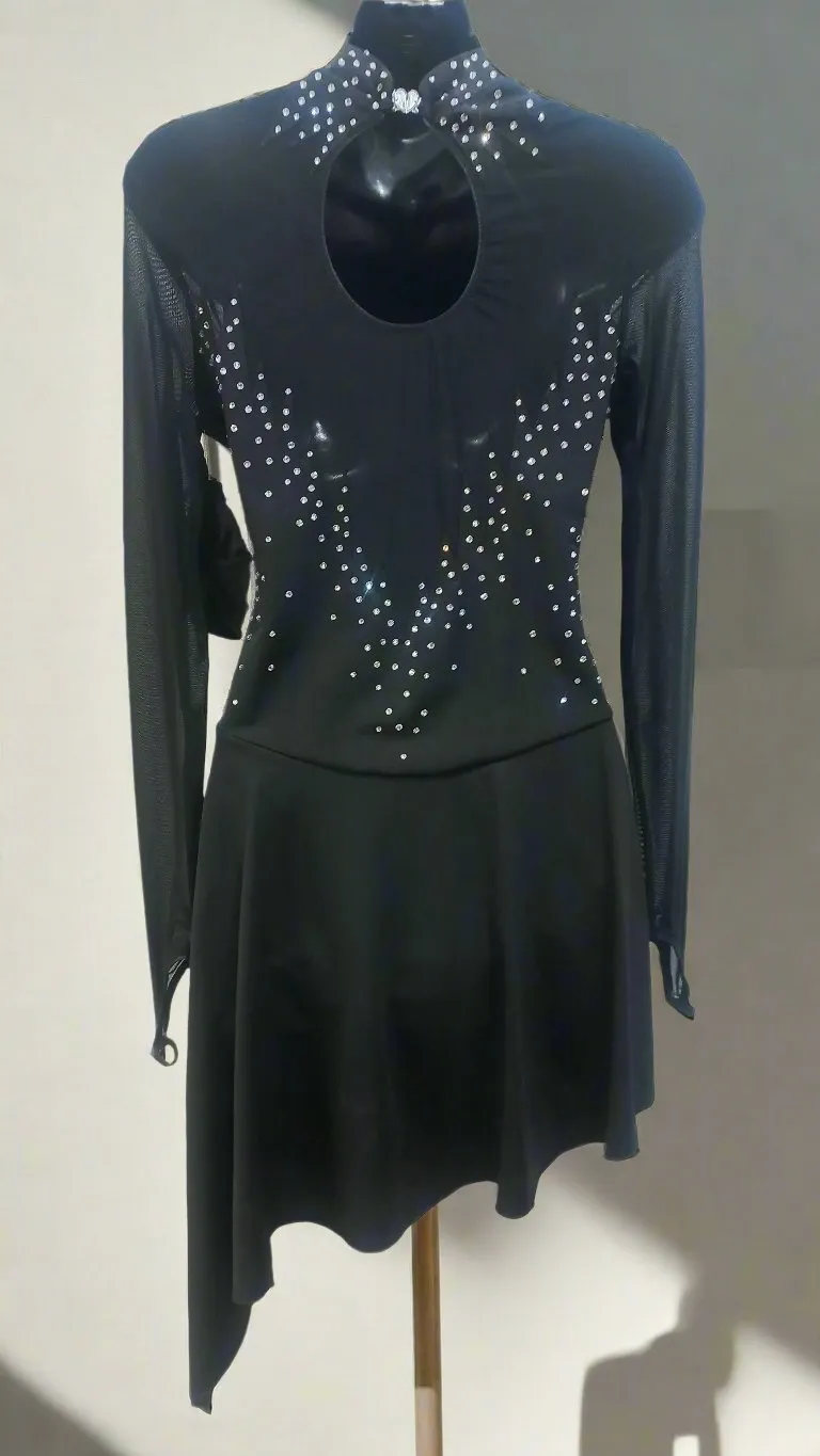 Boutique Step Up Figure Skating Dress, Shiny Rhinestone mesh fingertip Sleeves(BLACK)