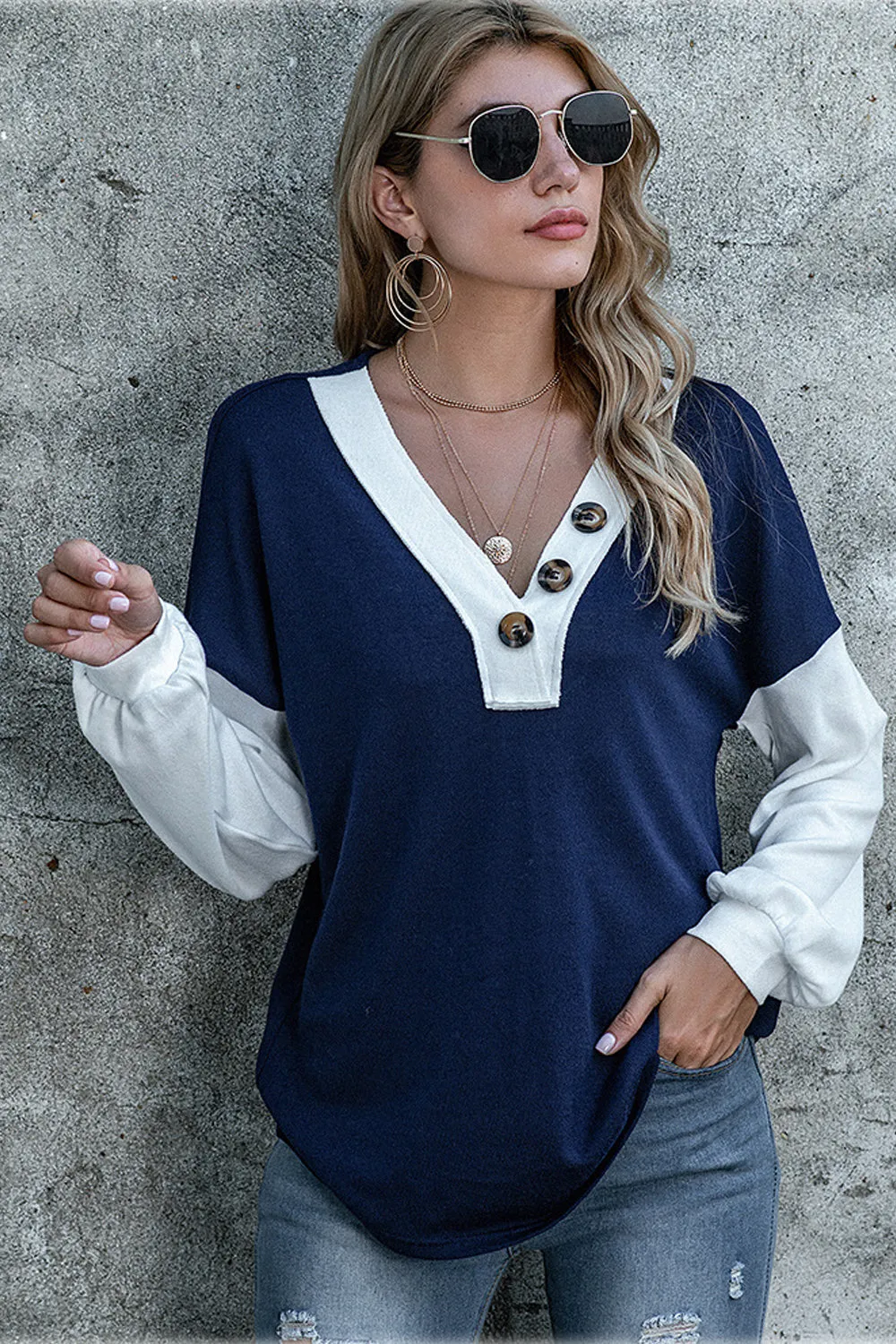 Button Solid-color Long-sleeved T-shirt