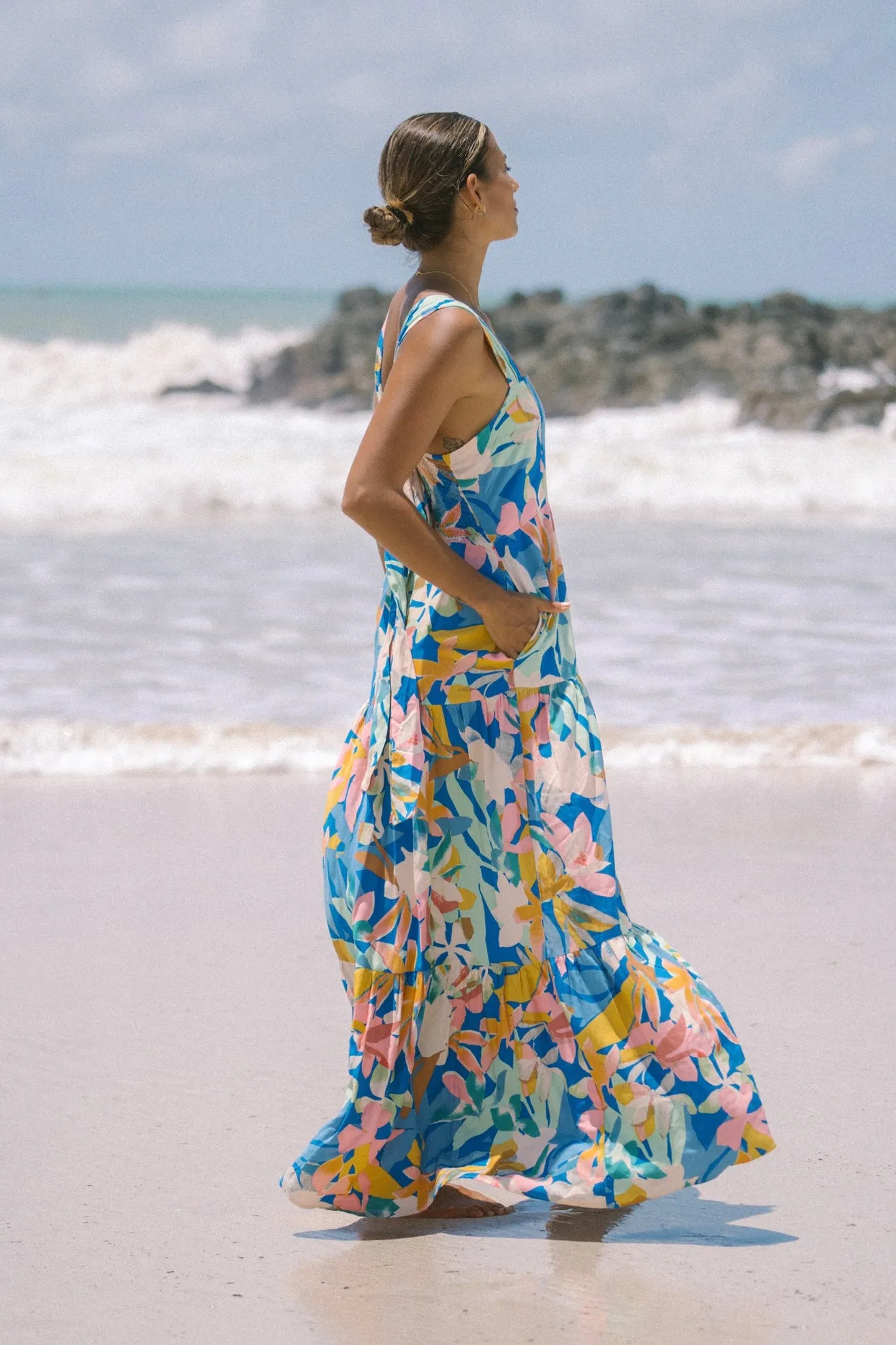 Calia Blue Floral Tiered Midi Dress