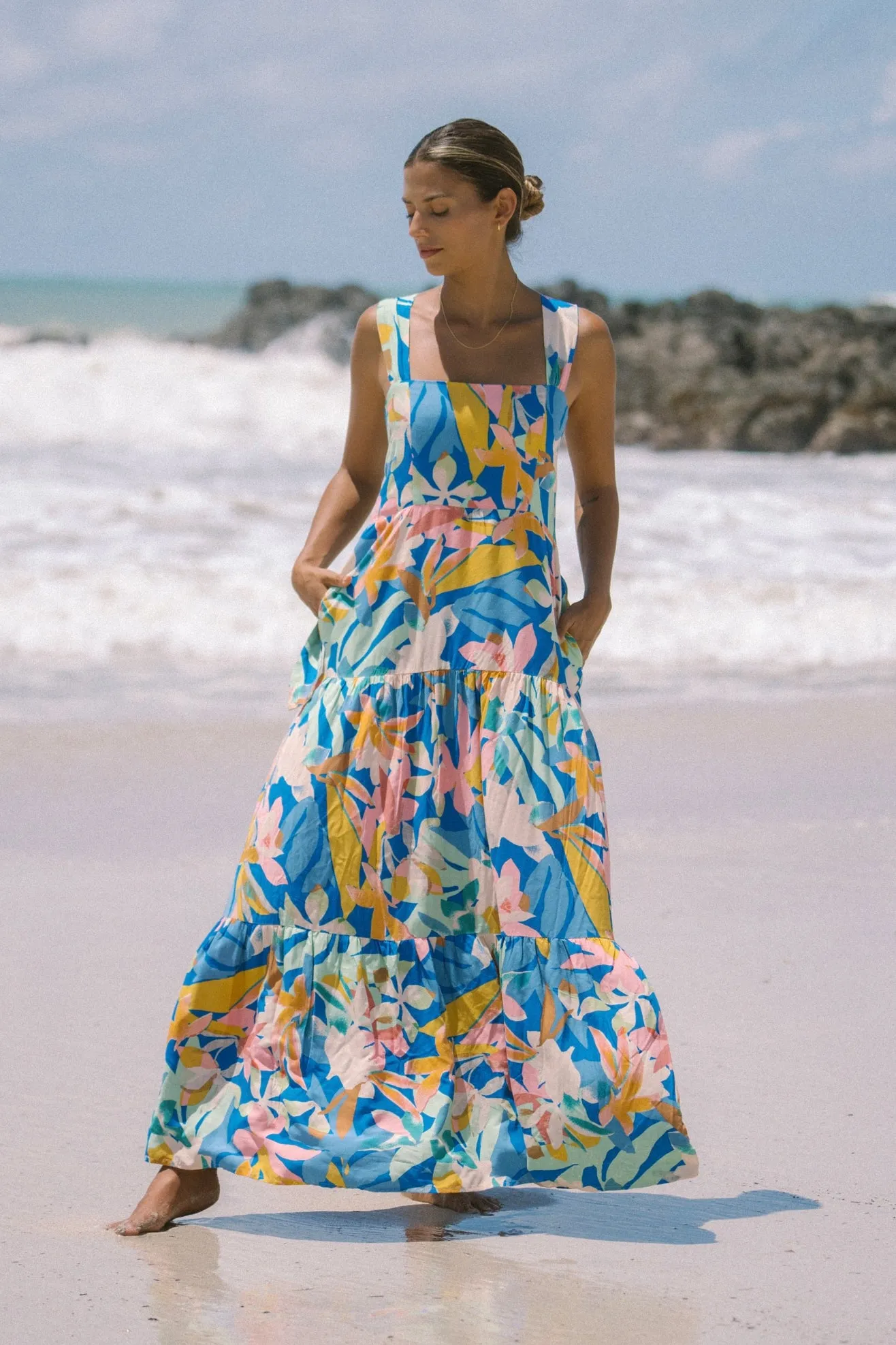 Calia Blue Floral Tiered Midi Dress