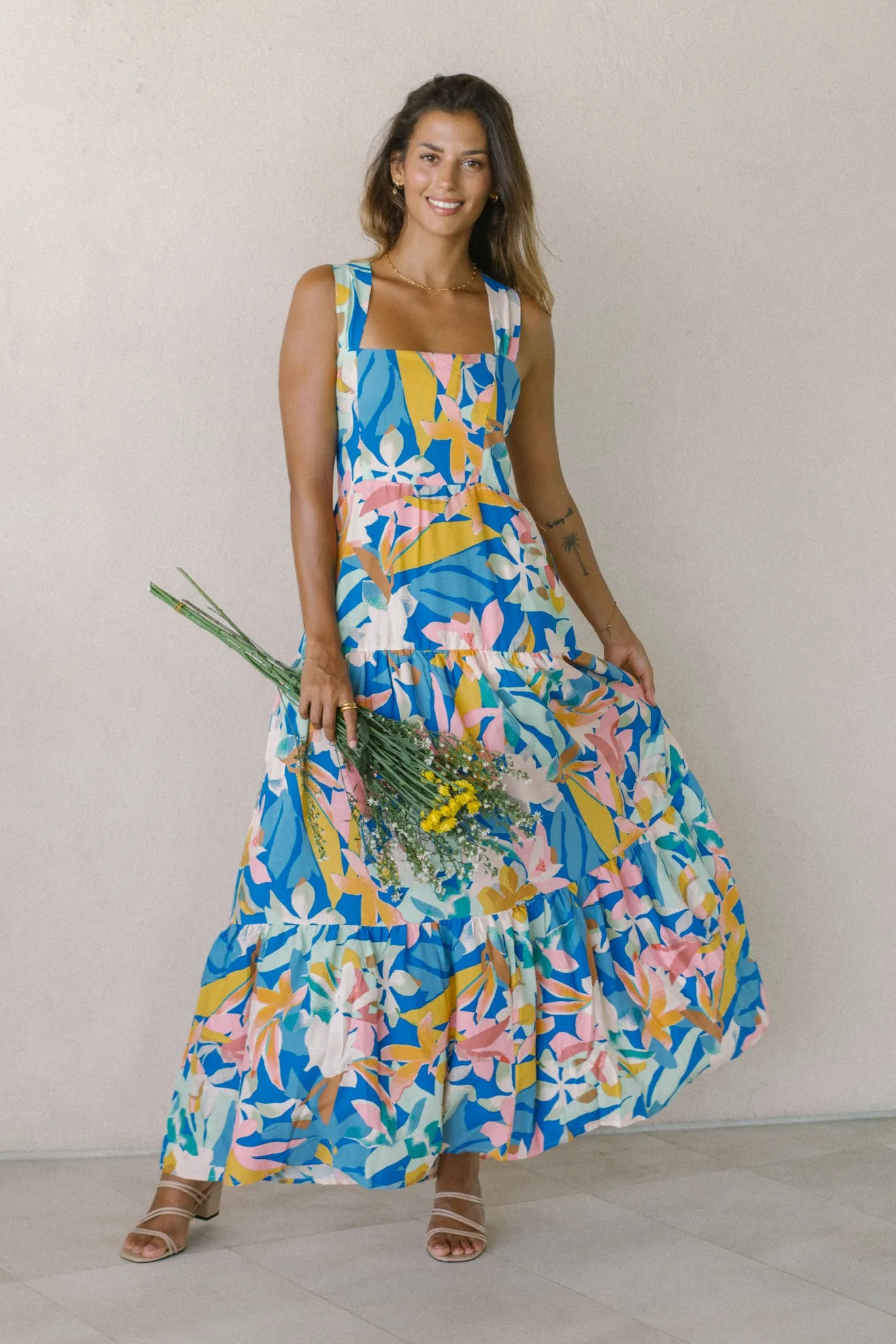 Calia Blue Floral Tiered Midi Dress