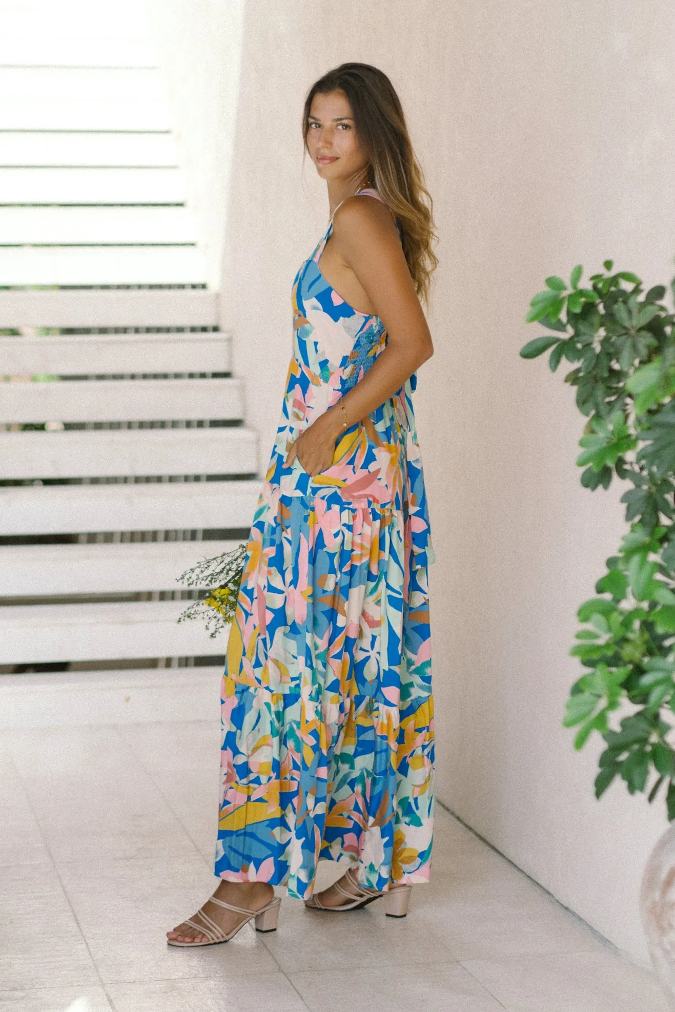 Calia Blue Floral Tiered Midi Dress