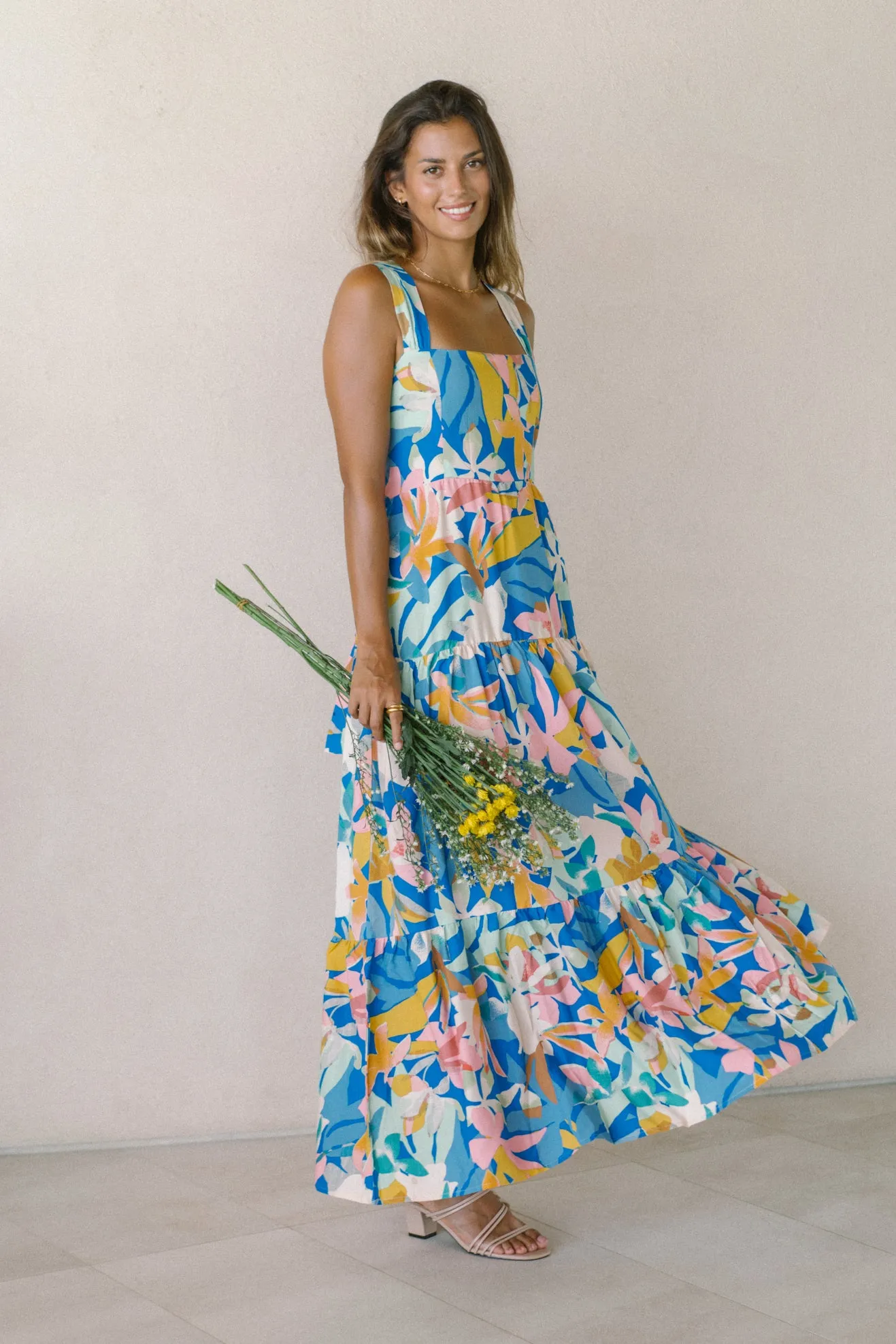 Calia Blue Floral Tiered Midi Dress