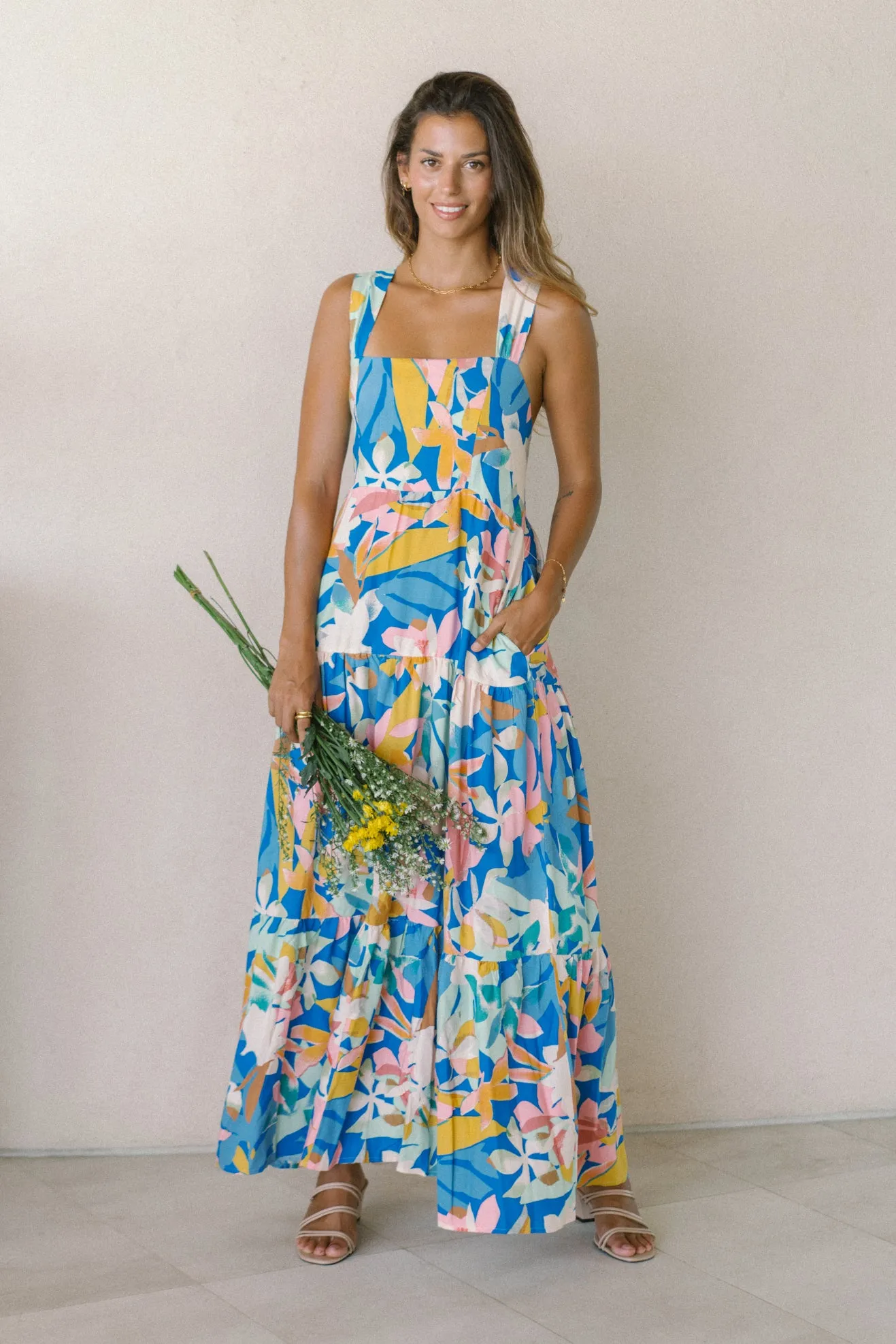 Calia Blue Floral Tiered Midi Dress