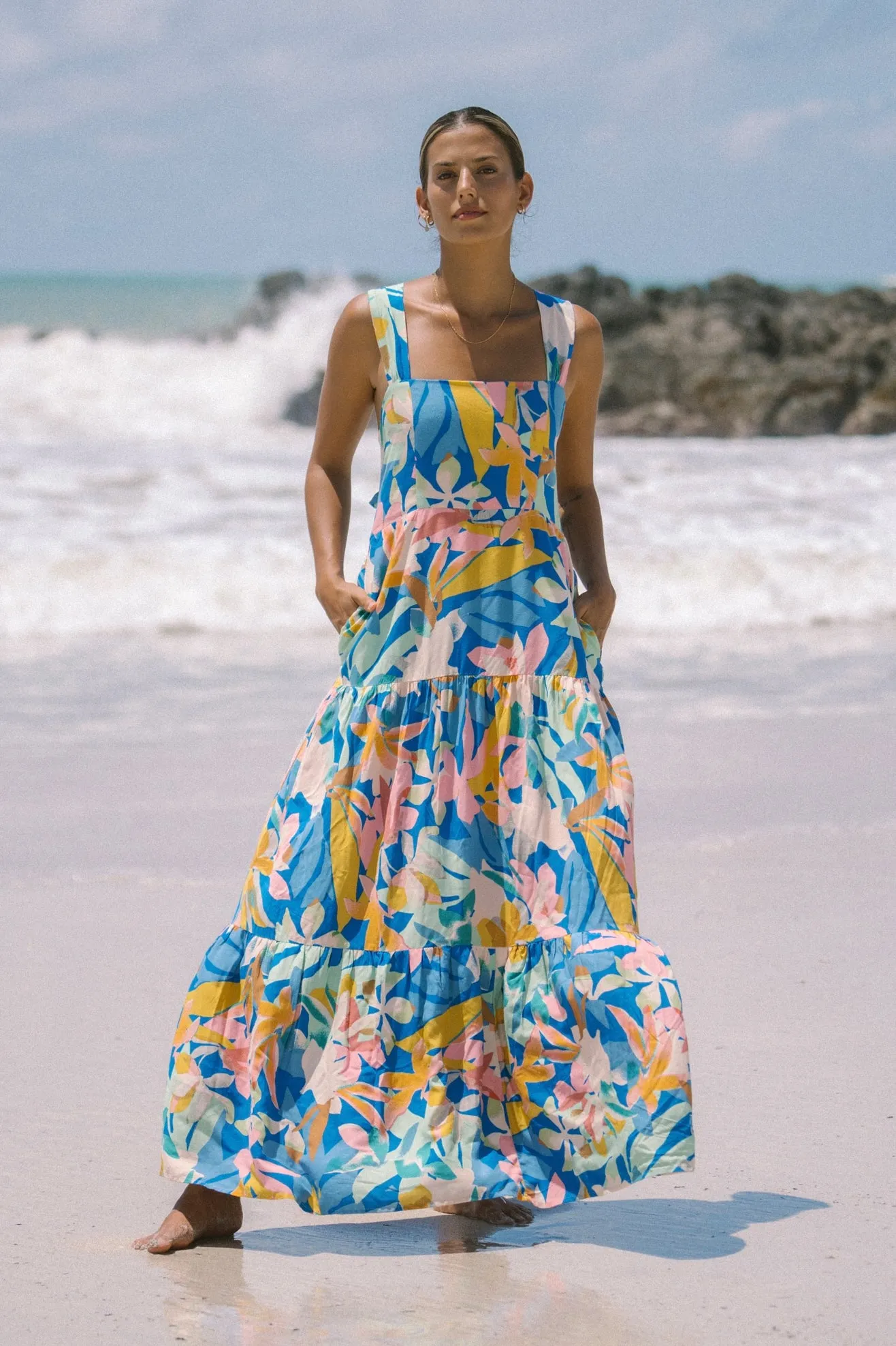 Calia Blue Floral Tiered Midi Dress