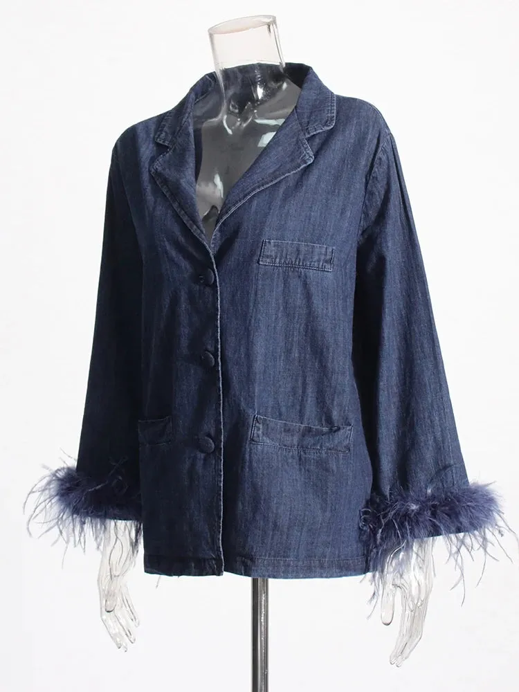 Casual Patchwork Feather Denim Coat For Women Notched Collar Long Sleeve Spliced Single Breasted Loose Coats Female