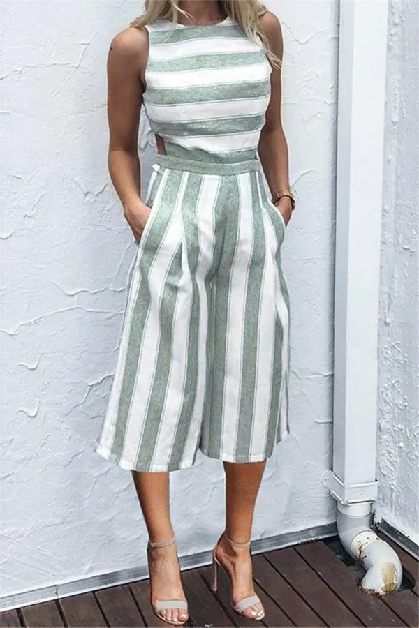 Casual Striped Wide Leg Jumpsuit