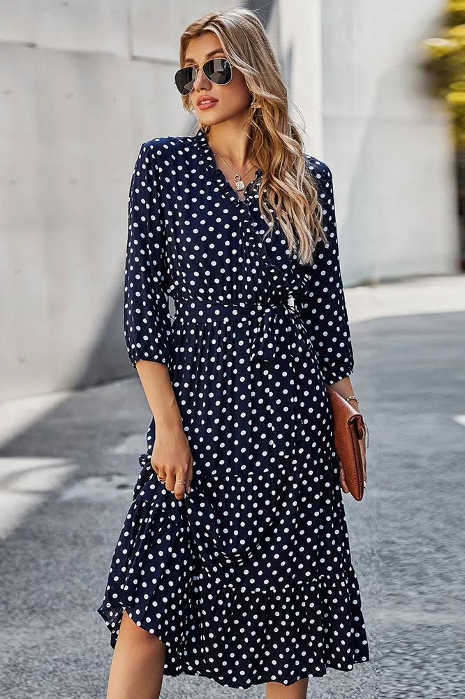 Classic Polka Dot Printed Gathered Waist  Midi Dress