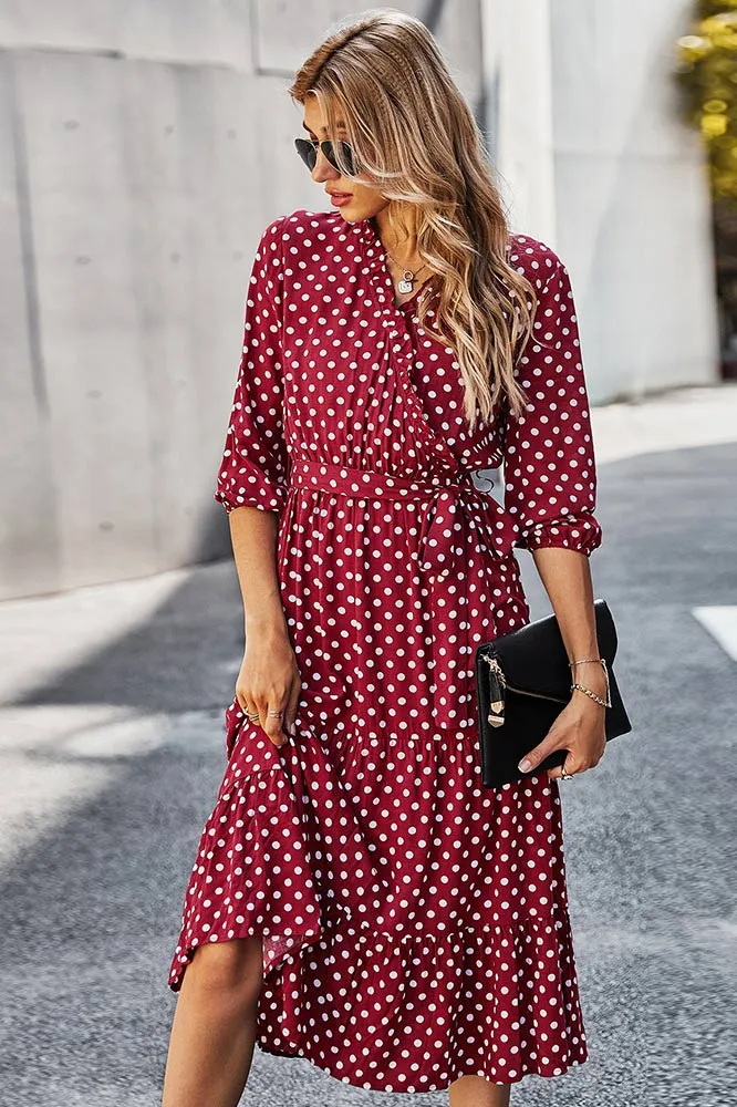 Classic Polka Dot Printed Gathered Waist  Midi Dress