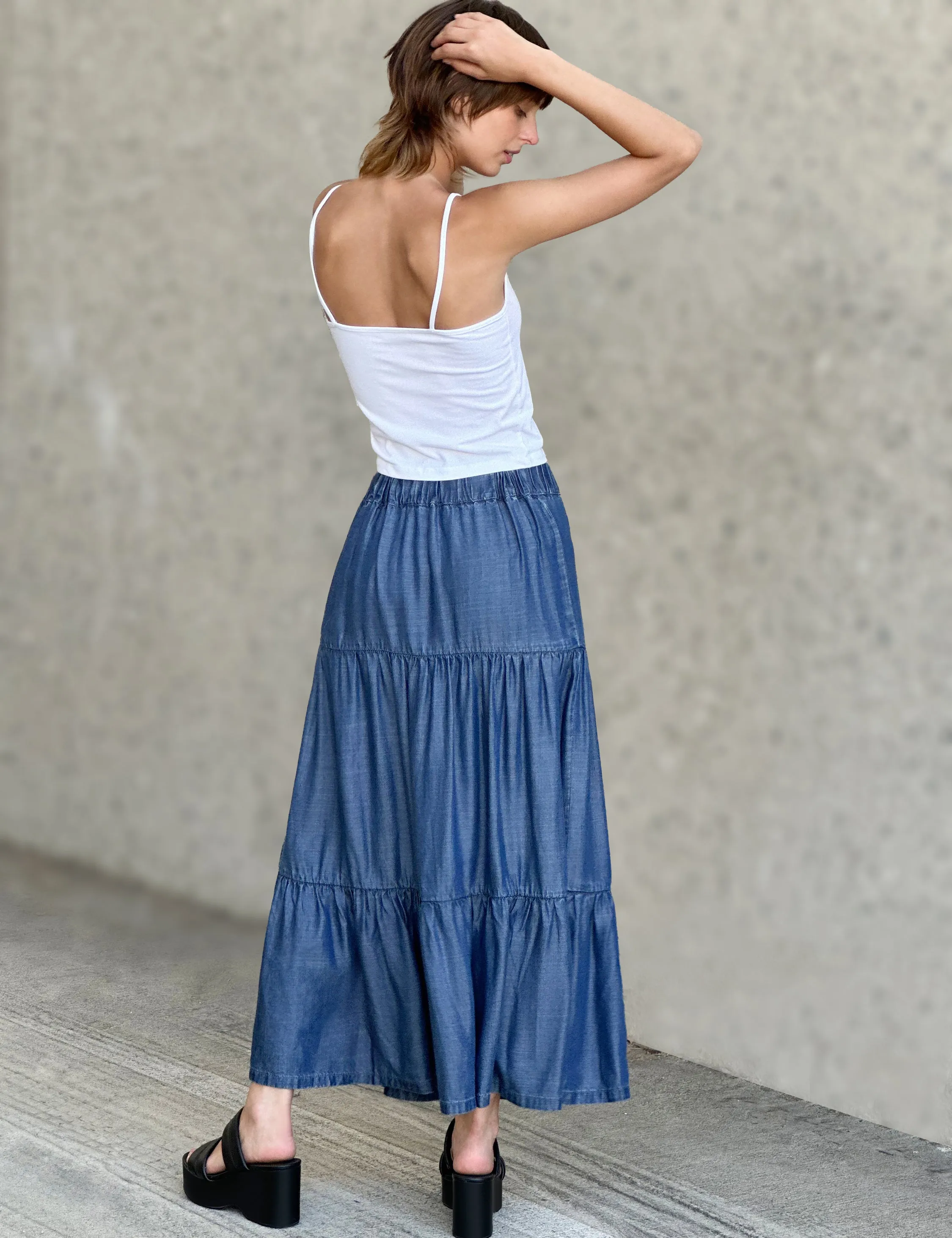 Flounce Denim Maxi Skirt