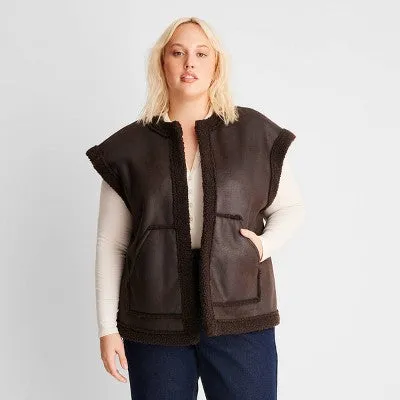 Future Collective Women's Plus Open Front Casual Faux Shearling Vest