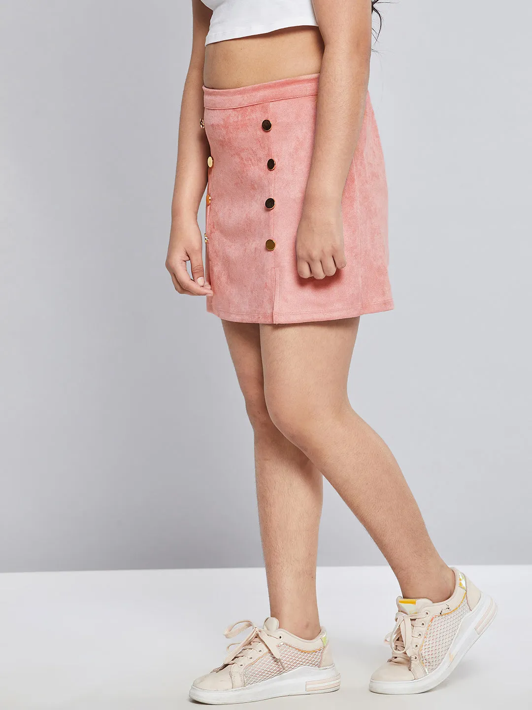 Girls Pink Suede Show Button A-Line Skirt