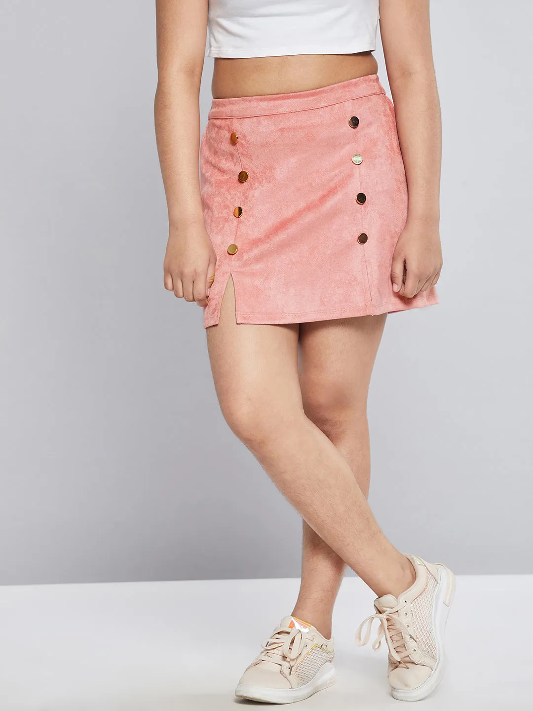 Girls Pink Suede Show Button A-Line Skirt