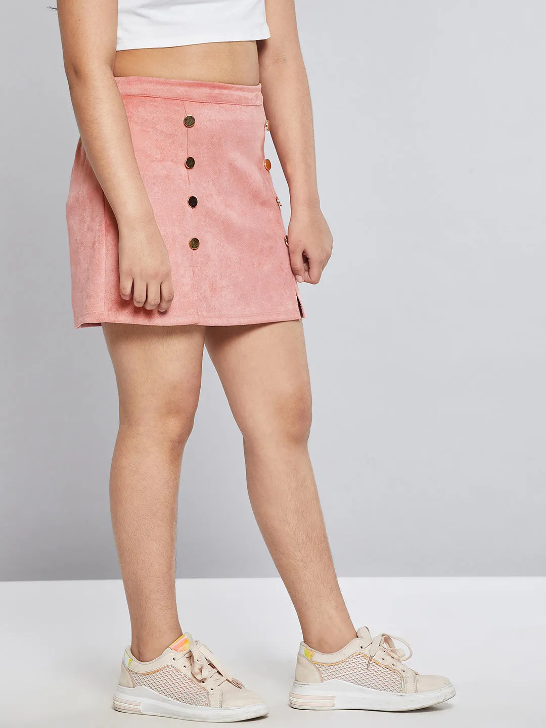 Girls Pink Suede Show Button A-Line Skirt