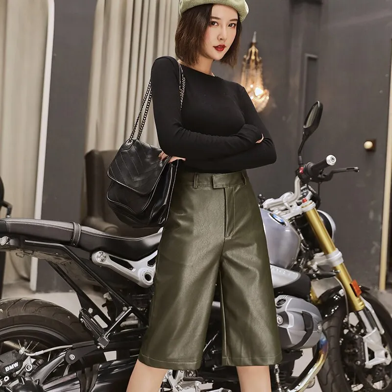 Graduation Gifts Plus Size British Style Autumn Winter Women's PU Leather Short High Waist Motor Five Point Trouser Casual Straight Overalls