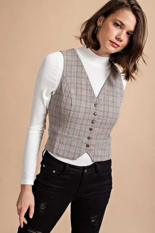 Grey Combo Plaid Button Down Vest