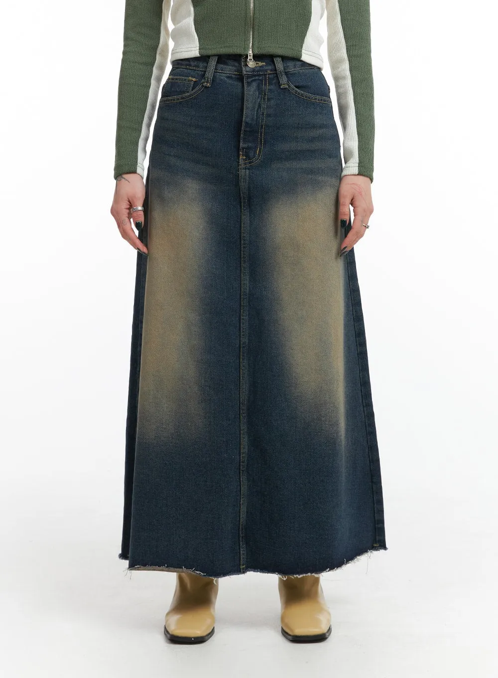 Grunge A-Line Denim Maxi Skirt IJ410