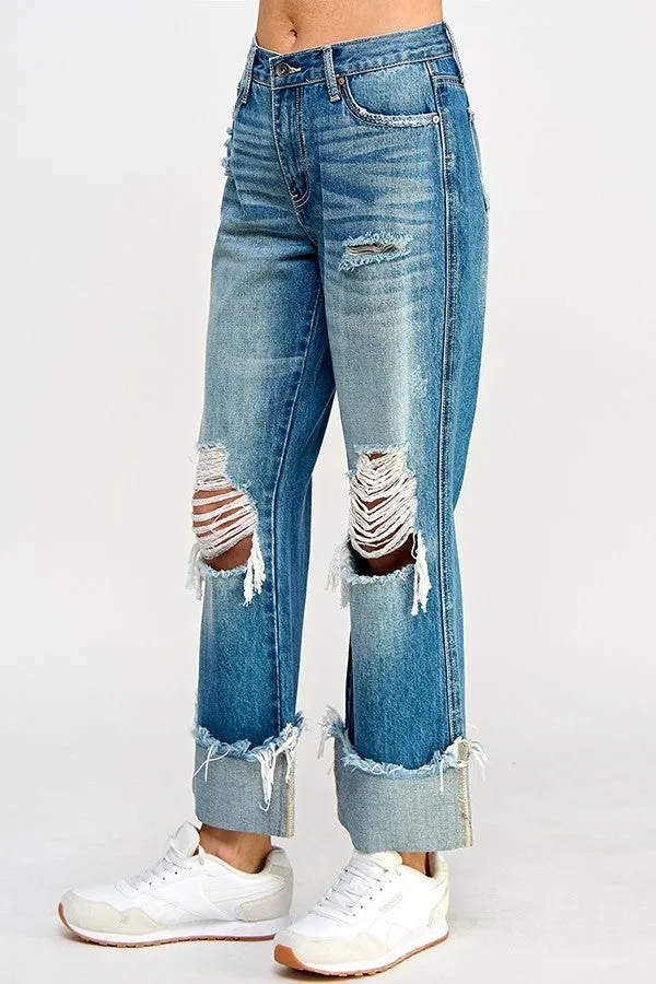 High Rise Distressed Cuffed Straight Leg Jeans