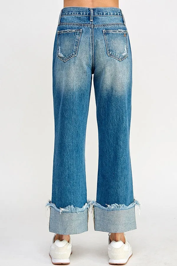 High Rise Distressed Cuffed Straight Leg Jeans