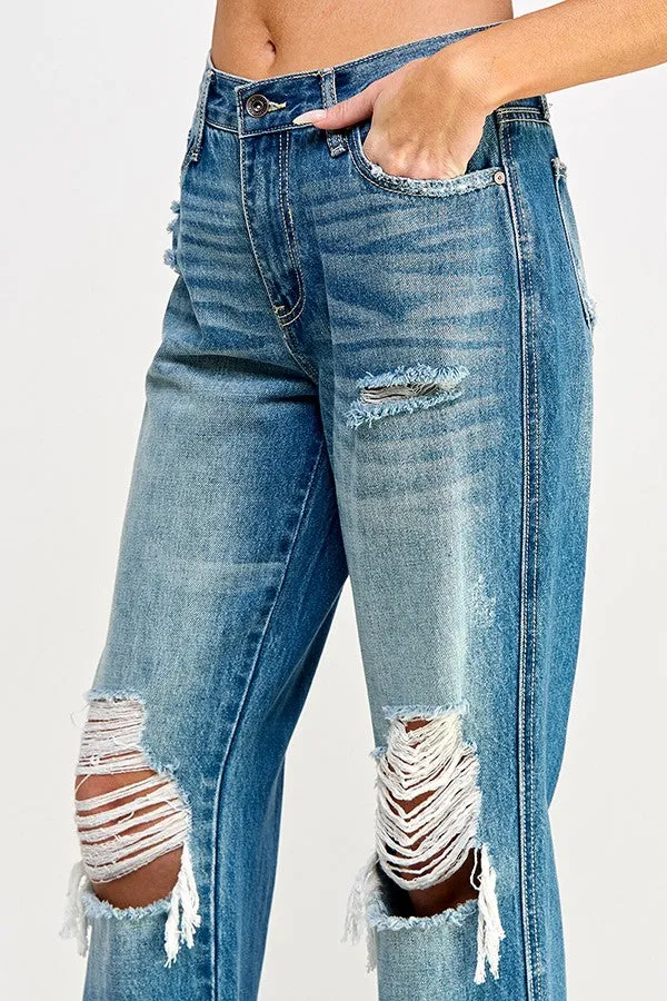 High Rise Distressed Cuffed Straight Leg Jeans