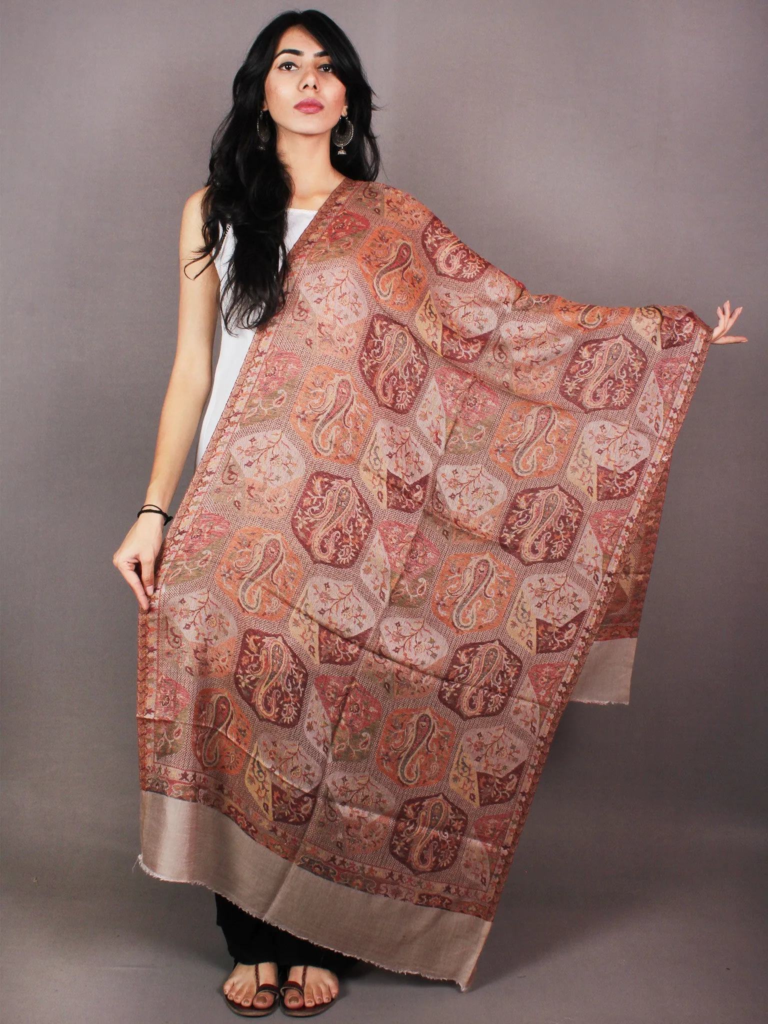 Ivory Orange Maroon Pure Wool Jamawar Cashmere Stole from Kashmir - S6317113