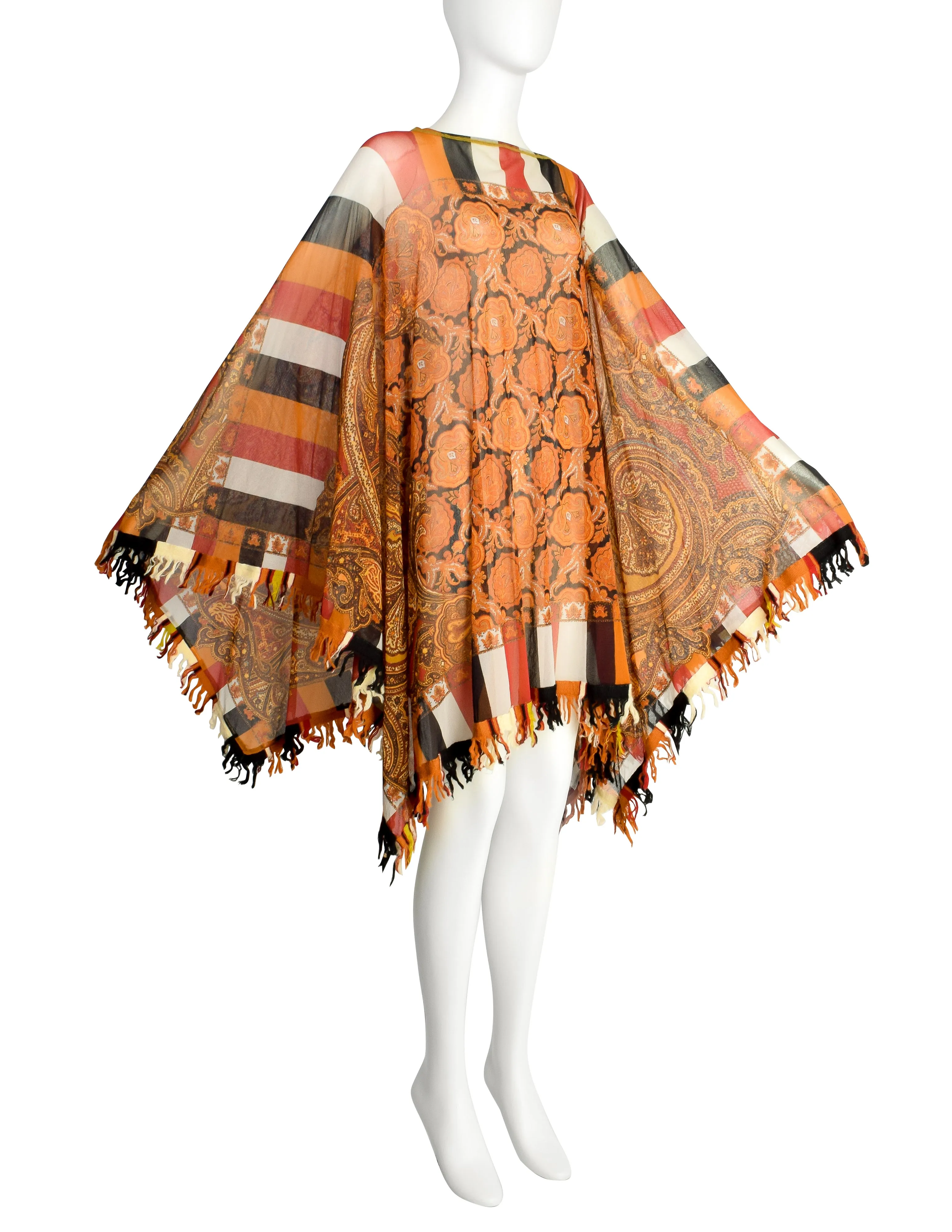 Jean Paul Gaultier Vintage Autumnal Paisley Print Sheer Mesh Poncho Cape Skirt Dress