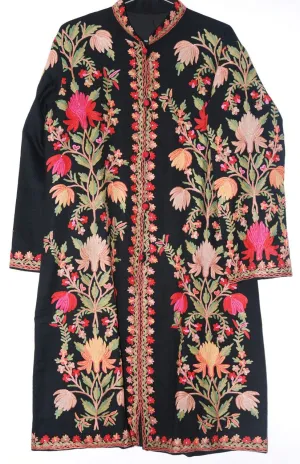 Kashmiri Woolen Coat Black, Multicolor Embroidery #AO-141