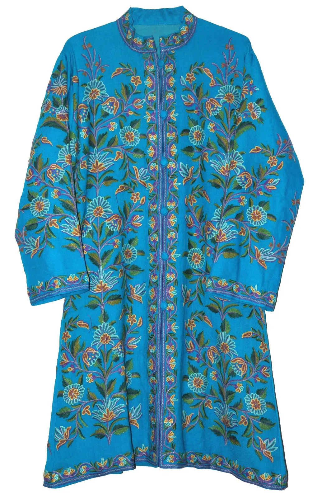 Kashmiri Woolen Coat  Sky Blue, Blue and Green Embroidery #AO-171