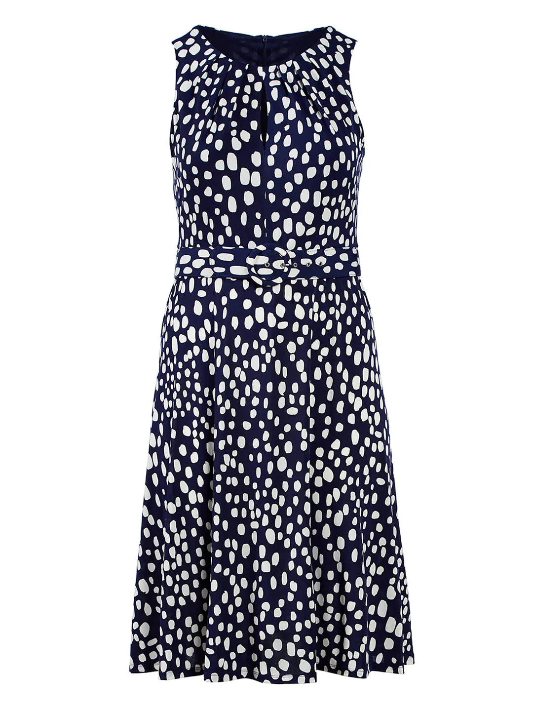 Keyhole Navy Polkadot Fit-And-Flare Dress