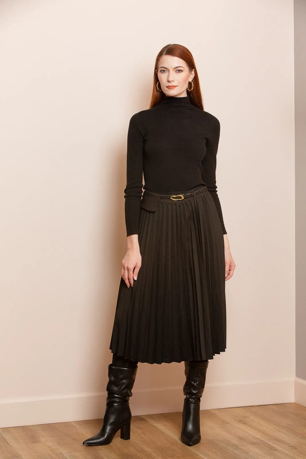 Knee Length Pleated Skirt with Belt and Flap Detail in Black