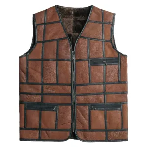 Men’s Brown Genuine Sheepskin Leather Black Stripped Design Vest Classic Fashion Casual Distressed V-Neck Leather Waistcoat