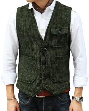 Mens Causual V Neck Tweed Herringbone Waistcoat