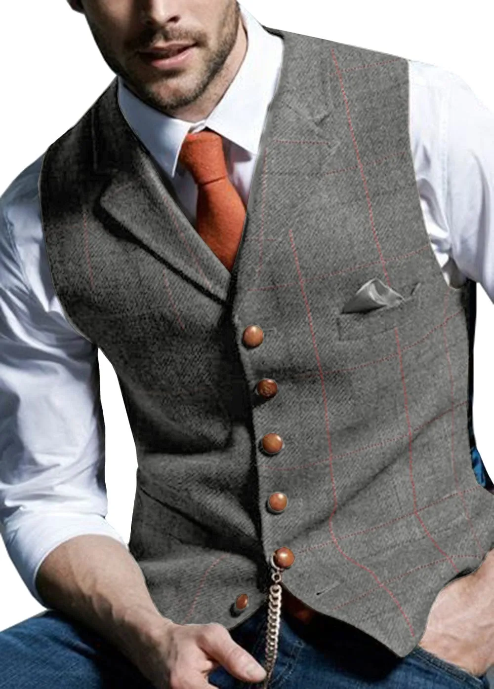 Men's Slim Fit Plaid Casual Notch Lapel Waistcoat