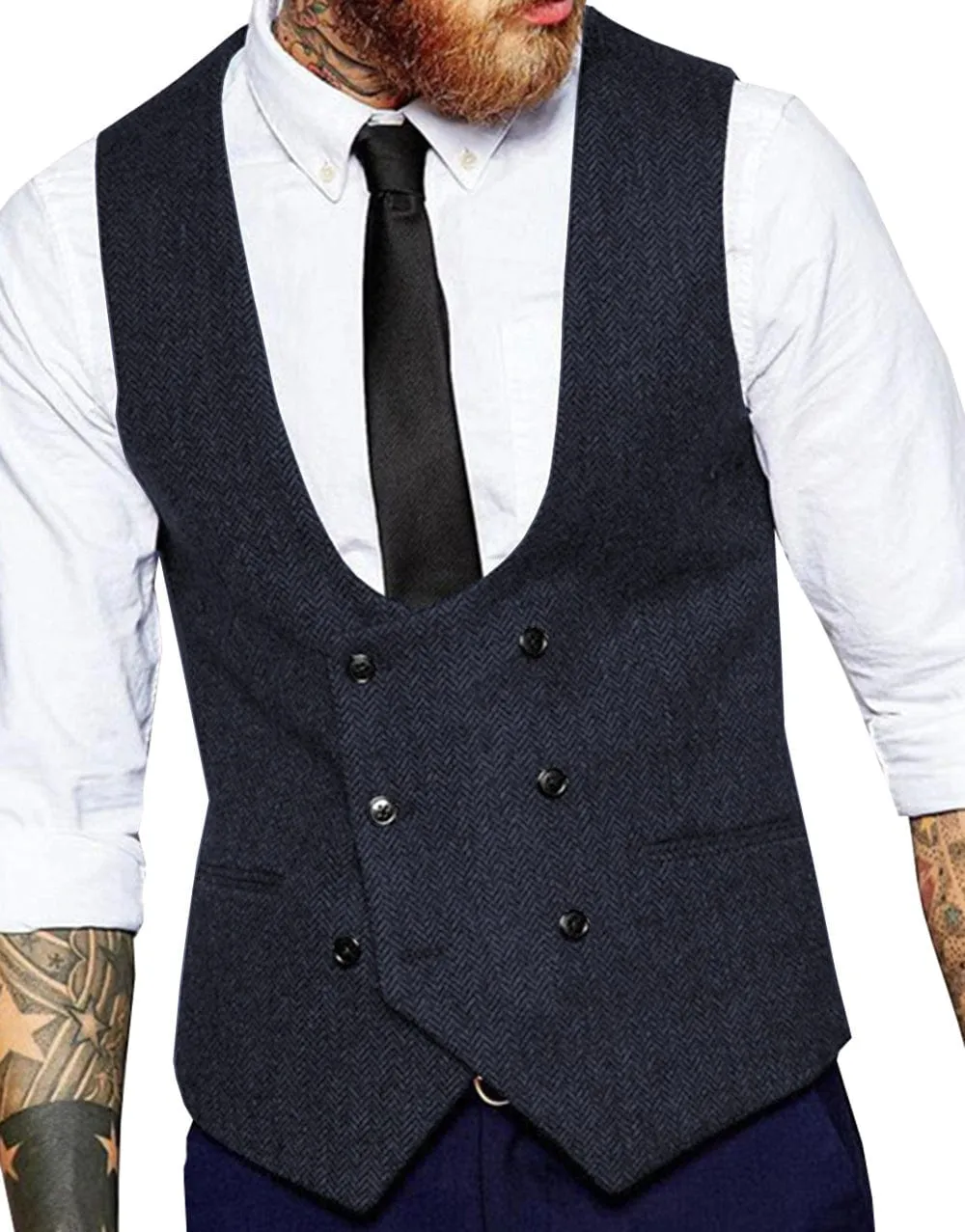 Men's Tweed Herringbone Double Breasted U Neck Waistcoat