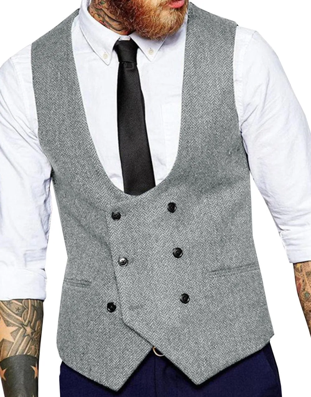 Men's Tweed Herringbone Double Breasted U Neck Waistcoat