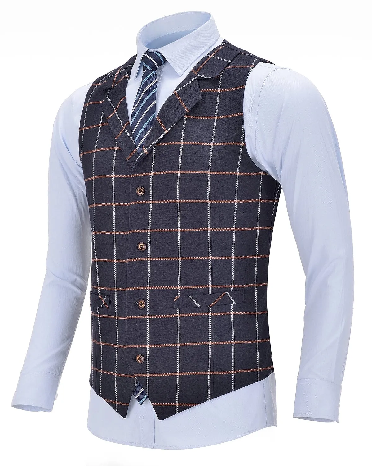 Navy Formal Suit Vest Plaid V Neck Waistcoat