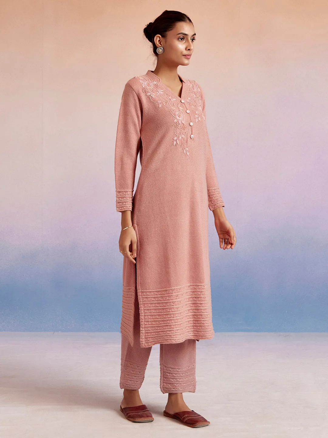 Pink Self Woven Embellished Woolen Kurta Set